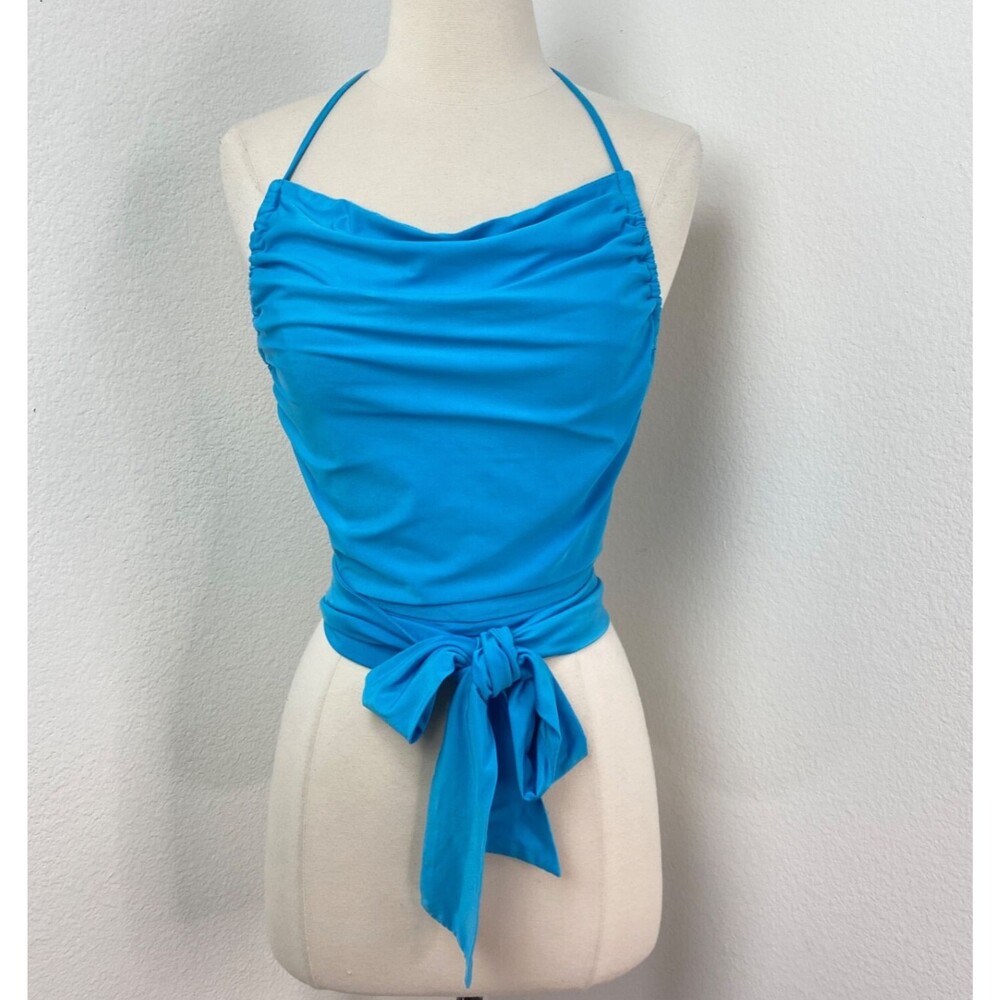 Peacock Blue Wrap Jersey Knit Halter Top Sm/Med Backless Boho Gypsy Coquette